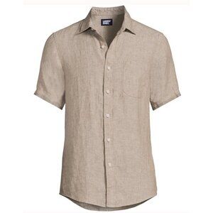 Lands End Linen Button Up Shirt Short Sleeve Mens 3XLT Big Tall 3XL Tan‎ Coral